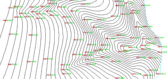 Höhenlinien mit vielen rot und grün beschrifteten Punkten